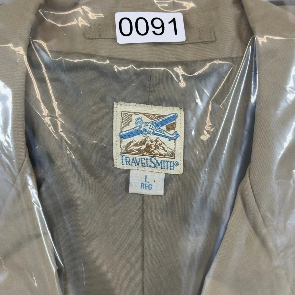 TravelSmith Safari Travel Blazer Sport Coat Large Khaki Tan Multi Pocket Lined
